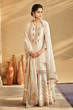 Shop for Matsya White Chanderi Silk Sucha Ekru Aurum Sharara Set for Women Online at Aza Fashions Stylish Lehenga, Embroidered Sharara, Dori Work, Sharara Pants, Punjabi Salwar, Golden Embroidery, Golden Colour, Pakistani Dress, Punjabi Suit