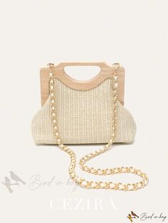 Bird in Bag - Portable Canvas Shoulder Bag for Women with Wooden Frame Handle, Woven Magnetic Clip and Chain Strap, Ideal for Beach Vacation Summer Beige Bag With Chain Strap, Beige Bags With Chain Strap For Summer, Beige Bag With Chain Strap For Summer, Summer Rectangular Clutch With Chain Strap, Beige Chain Strap Beach Bag, Rectangular Straw Bag With Chain Strap For Vacation, Summer Rectangular Bag With Chain Strap, Summer Rectangular Bags With Chain Strap, Beach Shoulder Bag With Chain Strap