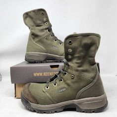 Brand: Keen Description: Roswell Mid Canvas Work Boots In Color Military Olive / Black Olive. These Were A Return That Appear To Have Been Generously Tried On. They Have Some Scuffs And Creases As Well As A Bit Dirty On The Bottom. Style 1026364ee Can Be Worn Laced Straight Up Or Folded Over Electrical Hazard Rubber Sole Left And Right Asymmetrical, Non-Metallic Carbon-Fiber Toes, A Composite Material, Offer An Unobtrusive Fit And Are 15% Lighter Than Steel; These Work Boots Meet Or Exceed Astm F2412 And F2413 M I/75 And C/75 Standards Oil- And Slip-Resistant, Non-Marking, Rubber Outsoles Are Used For Improved Traction That Meet Or Exceed Astm F1677 Mark Ii And Astm F2913 Satra Non-Slip Te Casual Steel Toe Work Boots, Casual Slip-on Work Boots With Reinforced Heel, Casual Slip-on Work Boots For Hiking, Casual Low-top Steel Toe Boots, Ankle-high Canvas Boots For Outdoor, Outdoor Canvas Boots With Round Toe, Ankle-high Outdoor Canvas Boots, Casual Slip-on Boots With Reinforced Toe, Casual Closed Toe Work Boots With Vibram Sole