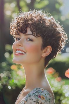 Discover the allure of a chic pixie cut that beautifully frames your face while enhancing your natural curls. This stunning take on curly hairstyles effortlessly combines elegance and edge, making it ideal for those wanting a fresh, stylish update. The playful volume and texture of curls add movement and personality to this timeless look. Embrace your individuality and let your curls shine with this fabulous pixie! Long Pixie Curly Hair, Pixie Cropped Hair, Permed Pixie, Short Curly Haircuts For Round Faces, Short Curly Pixie Cut, Short Stacked Hair, Curly Crop