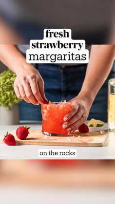 fresh strawberry margaritas on the rocks are ready to be served at your next party