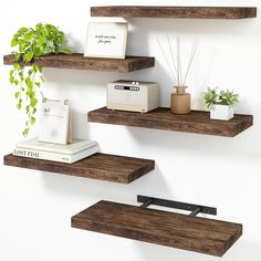 three wooden shelves with plants and books on them