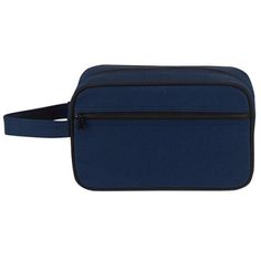 an image of a blue toiletry bag on white background with clipping out for text