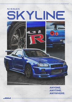 an advertisement for the nissan skyline is shown in this image, and it appears to be blue