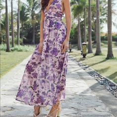 Beautiful Floral Dress With A High Slit . Unfortunately It Didn’t Fit Me Because Of My Bust . Maxi Dress For A Special Occasion, Church, Or A Wedding Purple Sun Dress, Purple Sundress, Dresses V Neck, Beautiful Floral Dresses, Shein Dress, Fit Fashion, Shein Dresses, Chiffon Fabric, Purple Floral