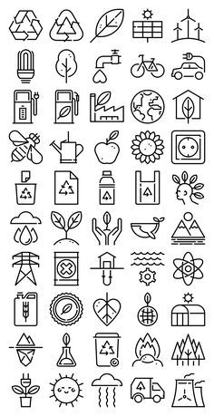 the symbols for different types of plants and animals are shown in this black and white image