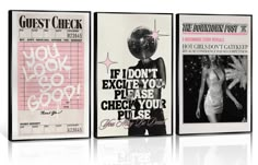 three posters are shown in black and white, with pink writing on the front one has an image of a woman's torso