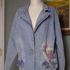 Z.Cavaaricci Washed Denim Jacket With Beautiful Flower Beading Design Front Of Jacket: Armpit To Armpit Almost 24 Inches In Length. Neck Seam To Shoulder Seam 5 1/2 Inches. Top Of Arm Sleeve Seam To The Bottom Of The Cuff Is A Little Over 24 1/2 Inches. Back Of Jacket: Bottom Of Collar Seam To The Bottom Of The Jacket Is 27 1/2 Inches. No Missing Beads, Size Tag Is Missing-Size To Be 2x---See Photos For Measurements. Never Worn. New Without Tags. Beaded Blue Denim Jacket For Spring, Spring Beaded Blue Denim Jacket, Spring Blue Beaded Denim Jacket, Spring Beaded Denim Outerwear, Spring Blue Beaded Outerwear, Casual Long Sleeve Beaded Outerwear, Vintage Beaded Outerwear For Spring, Beaded Vintage Outerwear For Spring, Spring Vintage Beaded Outerwear