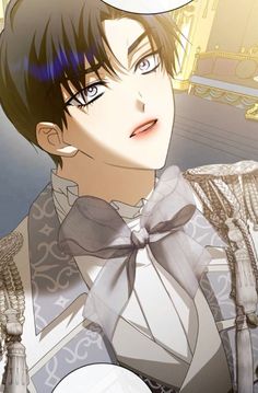 an anime character with black hair and blue eyes wearing a bow tie, looking at the camera