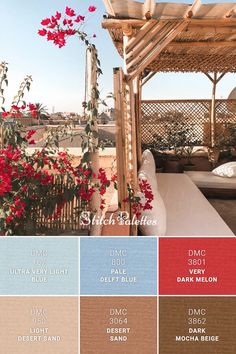 the color scheme for an outdoor gazebo with red flowers