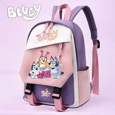 a backpack with cartoon characters on it and the words bluey written in white letters