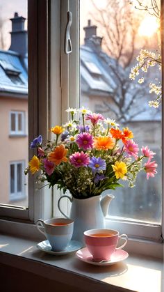 a vase filled with flowers sitting on top of a window sill next to a cup and saucer