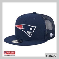 Cheer on your New England Patriots with this Main Trucker 9FIFTY Snapback Hat from New Era. This hat features a classic snapback design with a high crown and flat bill for a timeless and comfortable fit. The embroidered graphics with raised details add a touch of dimension and texture, showcasing your New England Patriots pride with style. Flat Crown Sports Hat For Baseball Season, Adjustable Flat Bill Trucker Hat For Fan Gear, Adjustable Flat Bill Hats For Fan Gear, Adjustable Flat Bill Hat For Fan Gear, Flat Bill Trucker Hat For Fans, Fan Gear Hats With Flat Bill, Flat Brim Trucker Hat For Fan Gear, Flat Crown Hats For Baseball Season, Fan Merchandise Trucker Hat With Flat Bill