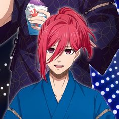 an anime character with red hair holding a cup