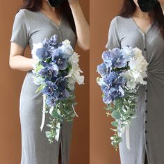 two pictures of a woman holding a bouquet of blue and white flowers in front of her face