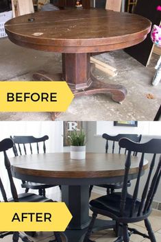 before and after photos of a dining room table makeover with chalk paint in the middle