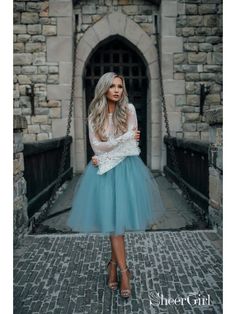 Two Piece Homecoming Dresses See Through Long Sleeve Lace Homecoming Dress ARD1434-SheerGirl Tulle Skirt Christmas Outfit, Garden Prom Dresses, Skirt Christmas Outfit, Long Sleeve Homecoming Dress, Lace Homecoming Dress, Ivory Lace Top, Light Blue Skirts, Puffy Skirt, Tulle Homecoming Dress