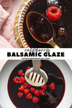 raspberry balsamic glaze in a bowl with spoon and strawberries