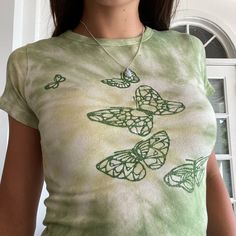 - Adorable Glittery Butterflies - Soft Material - Tie Dye Pattern White Butterfly T-shirt For Summer, Trendy Butterfly Print Crew Neck Tops, Trendy Crew Neck Tops With Butterfly Print, White Butterfly-shaped Top For Summer, Trendy Butterfly-shaped Top For Spring, Trendy Butterfly-shaped Tops For Spring, Trendy Butterfly Shaped Tops For Spring, Trendy Butterfly Top For Spring, Casual Green Top With Butterfly Print