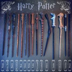 harry potter wands are lined up on a table