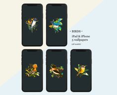 four iphones with birds and flowers on them, all in different colors are shown