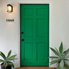 a green front door with two potted plants