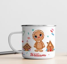 a personalized coffee mug with a gingerbread girl on the front and name in red