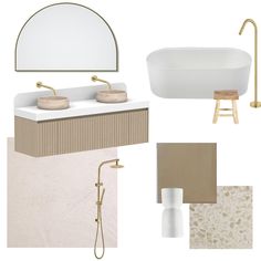 a bathroom design board with gold accents and white fixtures, including a bathtub, sink, shower head, mirror, and stool