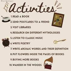 a poster with the words activities to teach kids about reading books and other things in front of