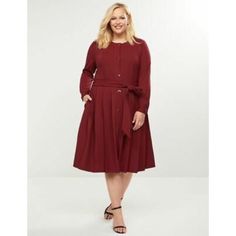 Lane Bryant Pleated Skirt Dress, Long Sleeves Midi Plus Size 22/ 24 New With Tag $99.95 The Button-Front Dress Is A Timeless Classic For A Reason, And With Bold Pleats In The Skirt And Bright Resin Buttons, This One Offers The Perfect Updates. Pair With Ankle Boots For Workdays And Wine Nights, Or Mix It Up By Wearing It Open Over Jeans And A Tee For A Cool Weekend Look. Features: -Scoop Neck -Long Sleeves With Single-Button Cuffs -Matching Self-Tie Belt And Loops At Waist -Side Pockets -Button- Burgundy Knee-length Workwear Midi Dress, Burgundy Knee-length Midi Dress For Work, Solid Full Skirt Dresses For Work, Solid Color Full Skirt Dress For Work, Pleated Skirt Long, Plus Size Red Dress, Pleated Skirt Dress, Feminine Blouses, Dress Pleated