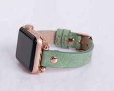 "8mm Genuine Leather Apple Watch 9 Band Women with stainless steel buckle and adaptor will be a special piece in your collection.  This unique design iWatch leather bracelet jeweled with geometric cuts and contrasting stitches will make you look elegant. It will make a perfect match for various occasions including shopping, traveling, office work, sports, etc.  To see more, please click on  https://www.etsy.com/shop/MADUEMNEWYORK?ref=seller-platform-mcnav PRODUCT DESCRIPTION ● COMPATIBLE WITH all Apple Watch Series 9, Ultra, 8, SE, 7, 6, 5, 4, 3, 2, 1 & Sport  *Apple Watch is not included!   ● MADE OF 100% GENUINE FULL-GRAIN LEATHER, which is the highest grade leather money can buy. It develops a unique patina during its aging process, which will make this leather watch strap even more bea Leather Bracelet Strap Apple Watch Band As Gift, Rose Gold Leather Strap Watch Accessories, Rose Gold Watch Accessories With Leather Strap, Rose Gold Leather Apple Watch Band, Rose Gold Leather Strap Watch Bands, Rose Gold Leather Watch Bands, Gold Leather Watch Bands For Gifts, Gold Leather Watch Bands As Gift, Leather Rose Gold Apple Watch Band With Bracelet Strap