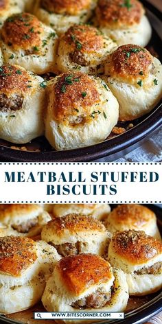 two pictures of meatball stuffed biscuits on a plate with text overlay that reads, how to make meatball stuffed biscuits