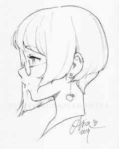 a black and white drawing of a woman's face with ear piercings on