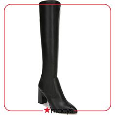 in stock Fitted Black Knee-high Boots Almond Toe, Black Boots For Workwear In Fall, Black Boots For Office Use In Spring, Black Tall Boots For Fall, Black Winter Heeled Boots For Work, Black Workwear Boots For Fall, Spring Black Leather Knee-high Boots, Black Leather Knee-high Boots For Spring, Fitted Black Boots With Stacked Heel