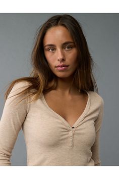 Rib knit/V-neckline with button-up Henley front/Long sleeves Everyday Long Sleeve Henley With Buttons, Casual Henley Neckline T-shirt, Women’s Henley Shirt, Aerie Long Sleeve Ribbed Henley T-shirt, Cotton T-shirt With Henley Neckline, Henley T Shirt, Women's Jeans, American Eagle Outfitters, American Eagle