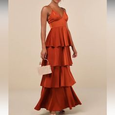 Nwt Never Worn Open To Offers Satin Rust Bridesmaid Dresses, Terra Cotta Bridesmaid Dresses, Mexico Wedding Guest Dress, Orange Bridesmaids Dresses, Tiered Gown, Rust Bridesmaid Dress, Copper Dress, Bridesmaids Dress Inspiration, Maxi Dress Wedding Guest