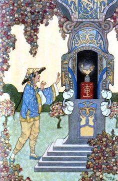 an illustration of two people standing in front of a door with flowers and vines on it