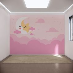 an empty room with a pink wall and white ceiling, decorated with a cartoon cat sleeping on the moon