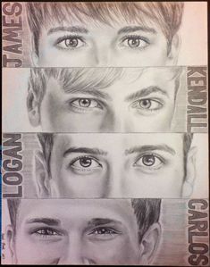 the faces of four different people with their eyes wide open and one half drawn in pencil