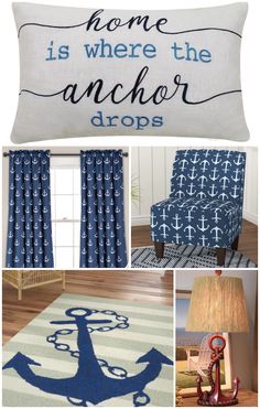 a collage of photos with blue and white decor, including an anchor rug, lamp, and chair