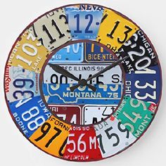 a colorful clock made out of license plates