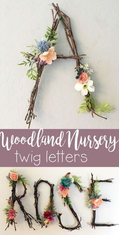 the word woodland nursery letters made out of twigs and flowers are shown in two different ways