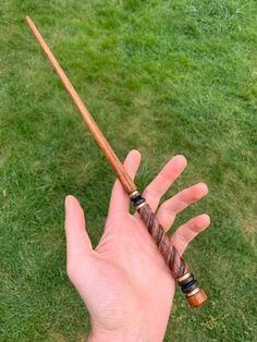 a hand holding a wooden stick in the grass