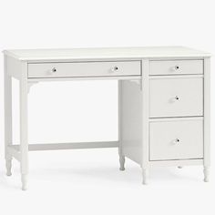 a white desk with three drawers on it