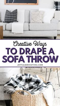 a living room with white couches, black and white checkered throw pillows and a chalkboard that says creative ways to draft a sofa throw