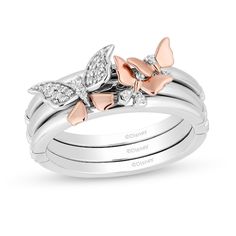 Embrace your softer side when you wear this charming diamond butterfly three-piece ring set from the Enchanted Disney Fine Jewelry Collection inspired by Mulan. Created in sterling silver and 10K rose gold Each ring showcases a sweet butterfly detail. The largest butterfly shimmers with silver diamond-adorned upper wings and polished rose gold lower wings. Smaller butterflies shine with rose gold upper wings and diamond-touched details. This stackable ring set captivates with 1/10 ct. t.w. of di Disney Enchanted Rings, Butterfly Engagement Ring, Disney Rings, Disney Mulan, Enchanted Disney, Mothers Ring, Enchanted Disney Fine Jewelry, Diamond Butterfly, Stackable Ring Sets