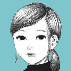 a black and white drawing of a girl with long hair, wearing a turtle neck sweater