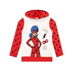 Girls Miraculous hoodie. Join Marinette and Adrien on their tasks to capture creatures that are causing havoc in the city in this awesome Miraculous hoodie. This white hoodie has red polka dot contrasting sleeves and a motif of Marinette with the word 'hero' written above. Perfect for taking on the action! Size: 4.  Gender: female.  Age Group: kids. Playful Character Print Hoodie For Winter, Playful Character Print Winter Hoodie, Playful Winter Hoodie With Character Print, Playful Long Sleeve Cartoon Print Hoodie, Fun Long Sleeve Hoodie With Cartoon Print, Fun Long-sleeve Hoodie With Cartoon Print, Playful Long Sleeve Hoodie With Character Print, Superhero Long Sleeve Winter Hoodie, Red Cartoon Print Hoodie For Winter