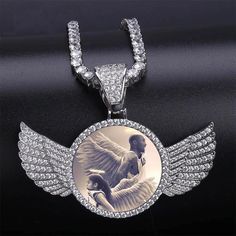 Custom Round Photo Pendant With Angel Wings Bling Proud Flying Angel, Urban Jewelry, Memorial Pendant, Victorian Pendants, Tennis Chain, Photo Pendant, Photo Necklace, Memorial Necklace, Custom Pendants