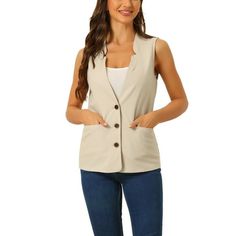 Stay comfortable and stylish in this cotton linen vest for women. The V-neckline adds a touch of femininity to this vest, while the button-down design allows for easy on and off and gives it a versatile look that can be dressed up or down. With its sleeveless design, this jacket is good for layering over shirts, blouses, or dresses. Measurement (in inches) International Size----------Length----------Shoulder----------Waist XS------------------------------22.8---------------14.1------------------ Cotton Button-up Vest With Buttons, Spring Button-up Vest With Pockets, Cotton Button-up Vest, Sleeveless Cotton Vest With Snap Buttons, Cotton Sleeveless Vest With Snap Buttons, Cotton Vest With Snap Buttons For Work, Beige Cotton Tank Top For Work, Summer Cotton Vest With Snap Buttons, Sleeveless Beige Vest With Buttons